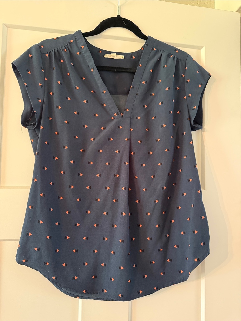 V-Neck Cap Sleeve Blouse in Blue with Pink Triangle Print